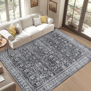 9x12 Washable Living Room Rug, Vintage Floral Large Area Rugs for Living Room Non-Slip Soft Bedroom Rug Classic Traditional Farmhouse Carpet for Dining Room Office Home, Charcoal Grey