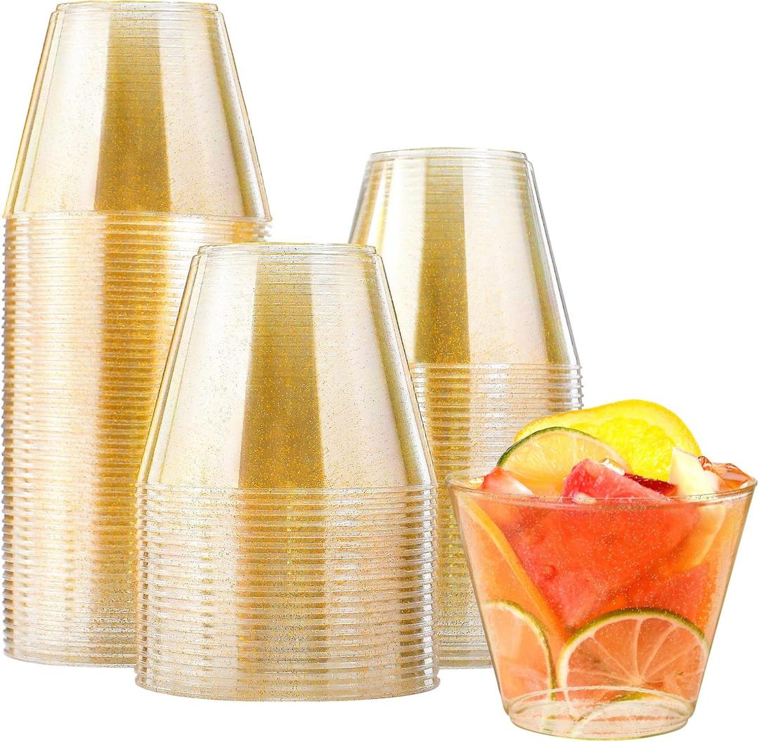 100 Count 9 oz Gold Plastic Cups, Disposable Cocktail Cups for Wedding & Party, Bulk Gold Plastic Tumblers, Fancy Disposable Party Cups for Cold Drinks