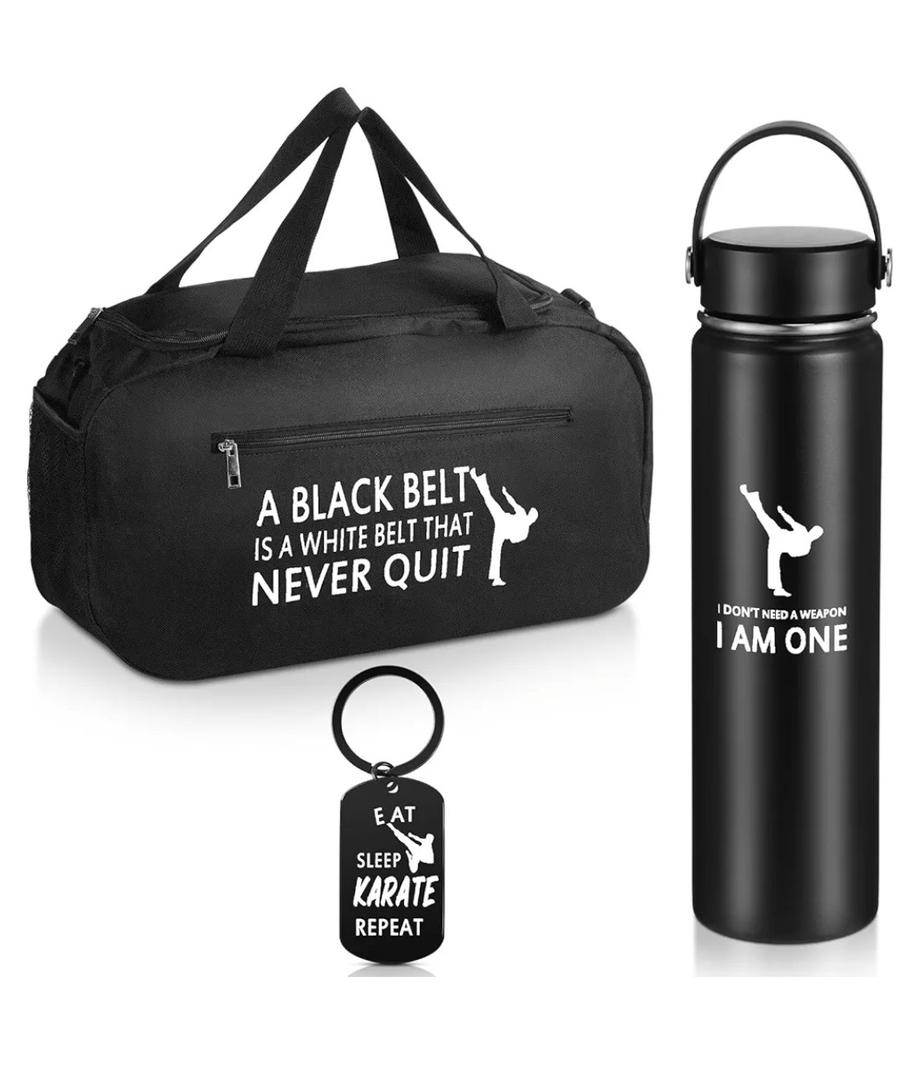Layhit 3 Pcs Karate Gifts for Boys Taekwondo Karate Bag Martial Arts Duffel Bag 24 oz Stainless Steel Water Bottle Keychain for Kids Adults Taekwondo Lover Gifts