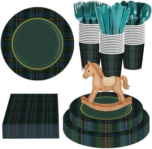Sunnychicc 168 Pcs Green Blue Tartan Plaids Baby Shower Decorations We Can Bearly Wait Birthday Tableware Set Navy and Green Plaid Disposable Paper Plates Cups Utensils Serves 24
