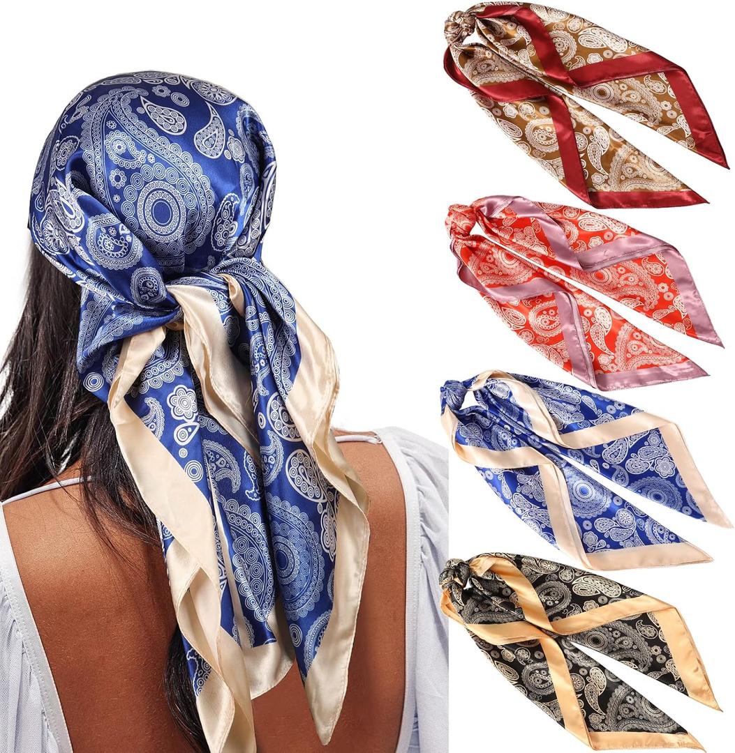 AWAYTR 35 Satin Large Square Head Scarves - 4PCS Silk Like Neck Scarf Hair Sleeping Wraps Satin Silk Scarfs for Women (Cashew (Black+red+blue+brown))