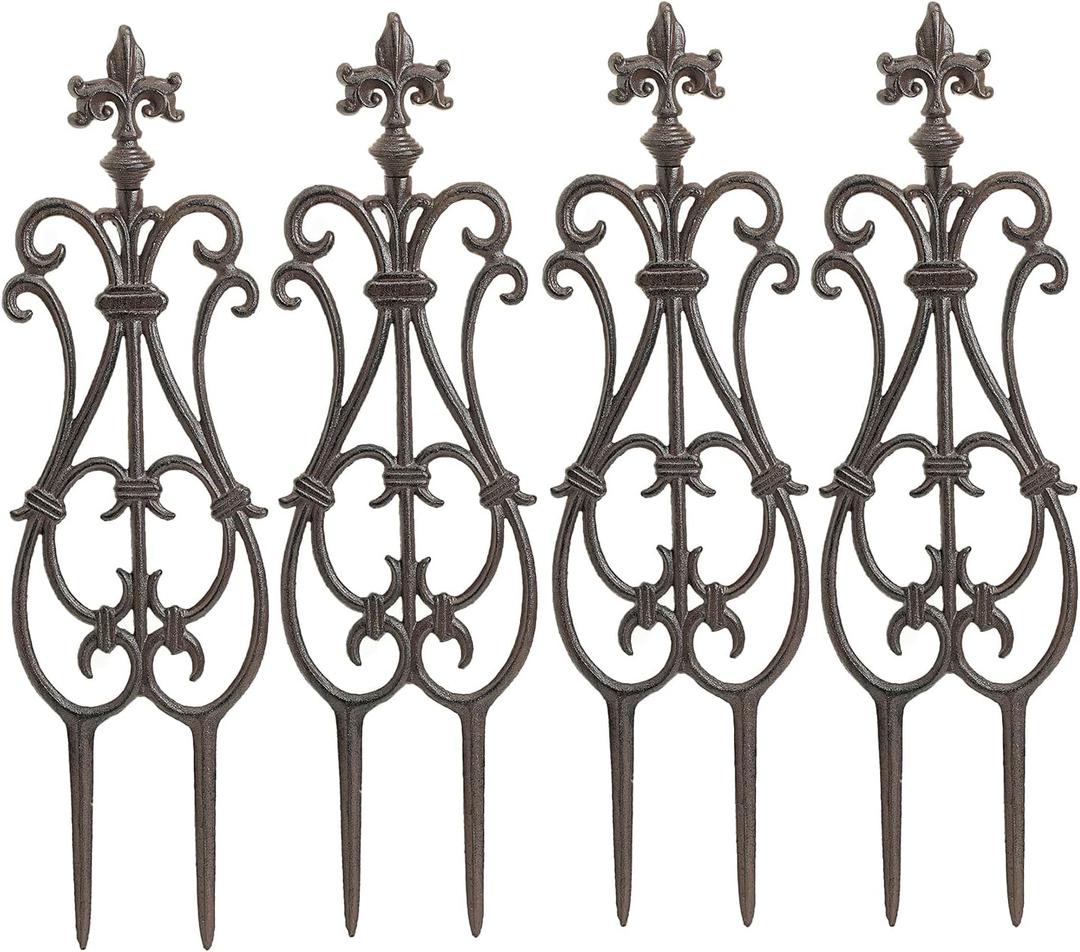 Sungmor Decorative Cast Iron Flower Bed Fence, 28" Tall Vintage Garden Edging Border, 4 Pack Heavy Duty Landscape Picket Fence Panels, Outdoor Plant Support Garden Stake, Victorian Yard Lawn Decor