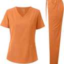 Dagacci Medical Uniform Women's Fitted Y Neck Natural Scrub Set (Orange, M)