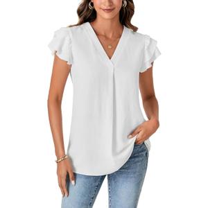 LYANER Women's Casual V Neck Ruffle Short Sleeve Pleated Sexy Chiffon Blouse Shirt Top (White)