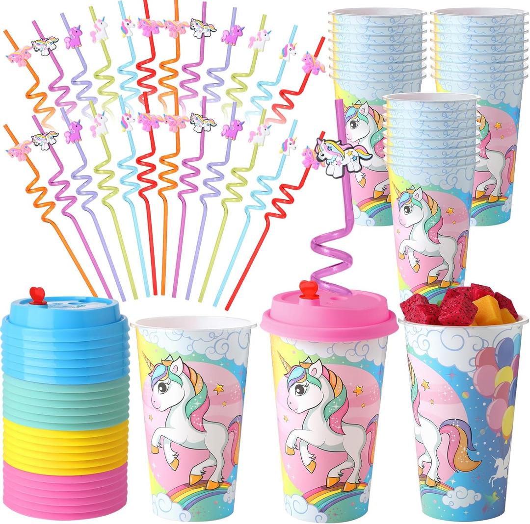 Maxcheck 24 Sets 16 oz Unicorn Cups Birthday Party Favors with Colorful Lids and Straws for Birthday Decorations Rainbow Plastic Cups Reusable Plastic Straws for Party