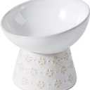 Wide Tilted Raised Cat Bowl, Elevated Cat Food &Water Dish, Prevent Neck & Whisker Fatigue, Pet Feeder for Cats & Small Dogs(Reactived Glaze - White, Tilted x 1)