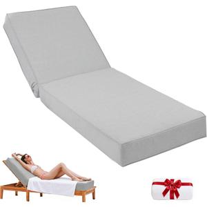 6" Thick Olefin Waterproof 72x21 Chaise Lounge Cushions Outdoor | Lounge Chair Cushion, Removable Cover, Adjustable Tie, Fade-Resistant, for Outdoor Furniture, Poolside, Deck, Light Gray
