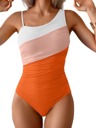 Aidonger One Shoulder One Piece Swimsuit for Women Tummy Control Bathing Suits Color Block Ruched Swim Suit Slimming Swimwear M