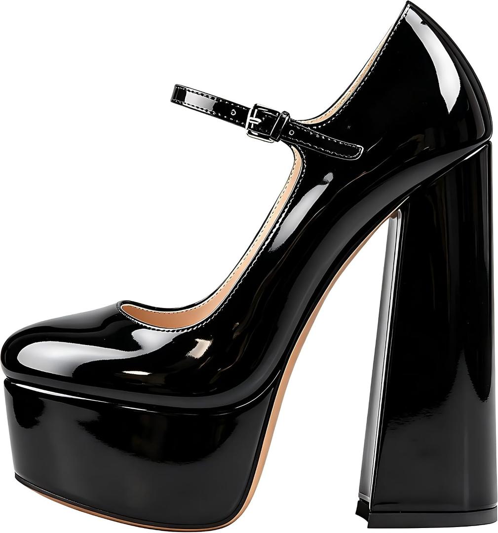 Mary Jane Platform Chunky High Heels Ankle Strap Close Toe Pumps, 14