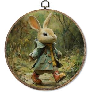 FUGWN Vintage Easter Bunny Round Wall Art Decor Framed, Rustic Farmhouse Bunny Canvas Artwork Prints, Cottagecore Landscape Rabbit Wall Hanging Decorations for Home Bedroom Living Room, 10x10 Inch