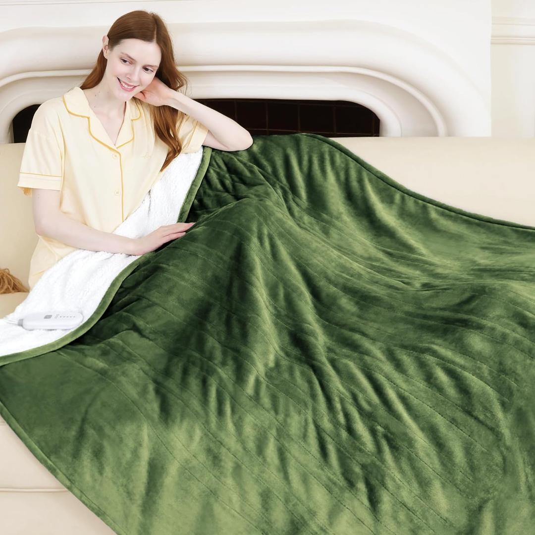 Electric Throw Blanket 50" x 60" - Soft Flannel Sherpa Heated Lap Blanket with 5 Heating Levels & 4 Hours Auto Off, Electric Throw Blanket as a Gift for Grandma, Machine Washable (Green)