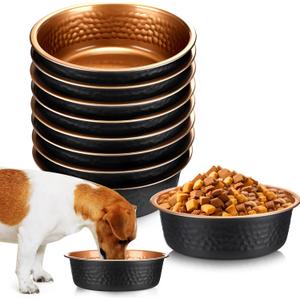 Teenyyou 8 Pcs Hammered Stainless Steel Dog Bowls 4 Cup/32 oz, 6.9 Dia Metal Pet Food and Water Bowls Bulk Thickened Durable Replacement Dish for Small Medium Large Dog (Black Gold)