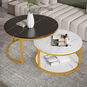 NSdirect Nesting Coffee Table Set of 2,Round Coffee Tables Modern Circle Table for Living Room Accent End Side Table with Storage Open Shelf Faux Marble Wood Top & Gold Sturdy Metal Frame,Black&White