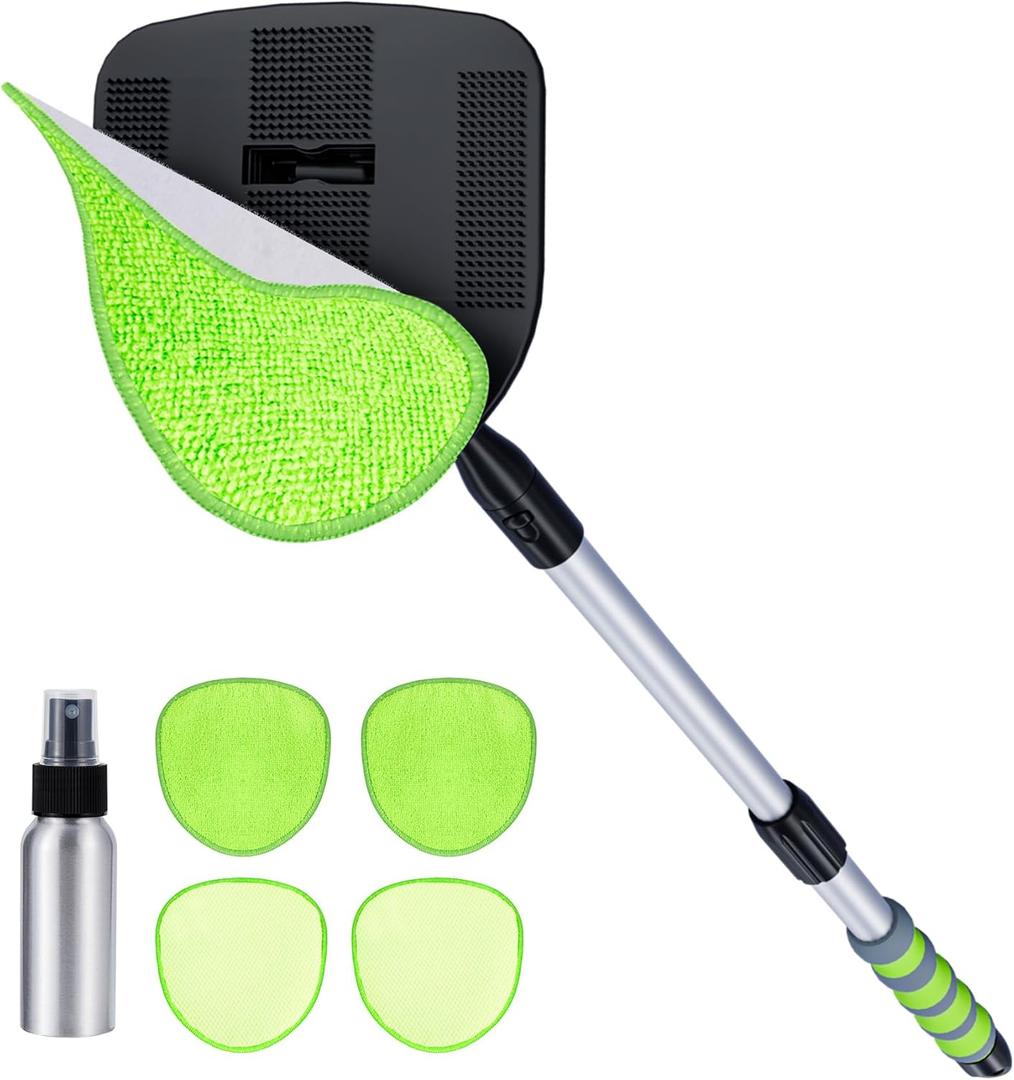 XINDELL Windshield Cleaner Tool  360 Rotating Car Window Cleaning Kit with Extendable Handle, 4 Microfiber Pads, for Auto Windshield, Interior Glass, Trucks, SUVs, RVs, and Home Use