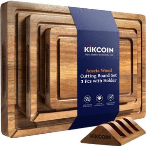Kikcoin Acacia Wood Cutting Boards for Kitchen, 3 PCS Wooden Cutting Board Set with Holder, Chopping Board with Compartments and Juice Groove, Solid Charcuterie Boards Serving Tray Wood Butcher Block