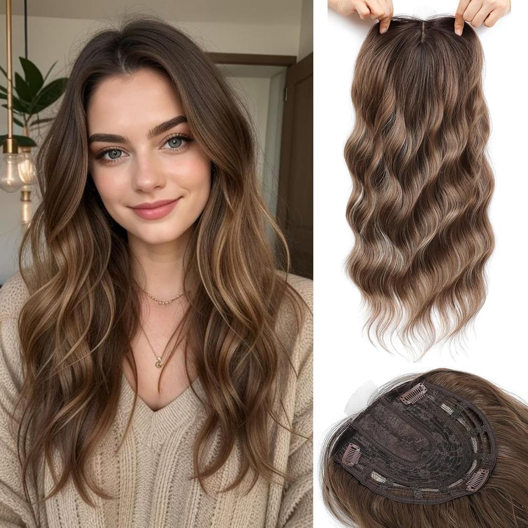 Hair Topper, Big Base 360 3D Hair Toppers for Women with Thinning Crown, 20 Inch Long Curly Wavy Hair Pieces with Middle Part Clip in Bangs for Daily Use Parties