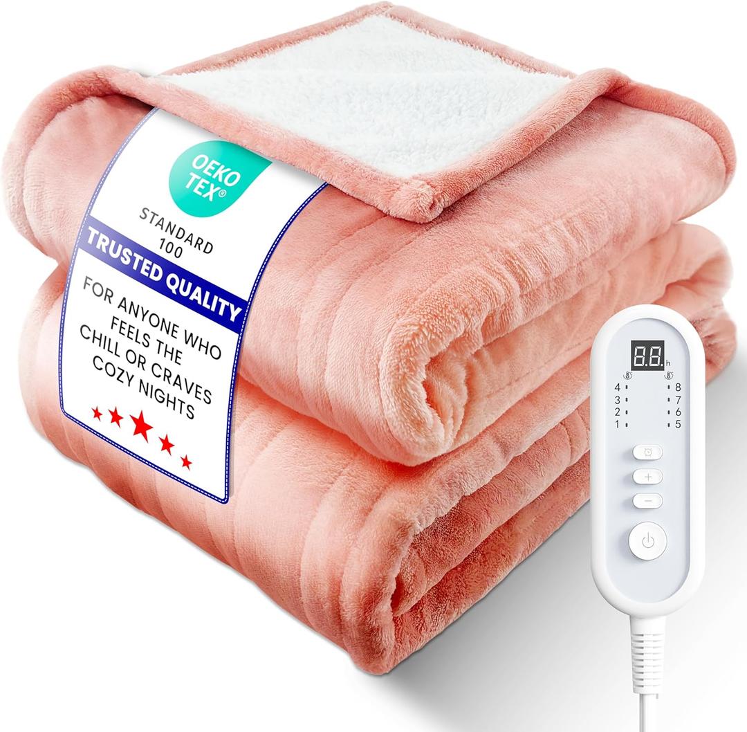 Electric Heated Blanket Full Size, UltraCozy Premium Flannel & Sherpa, Even Heat Distribution & Stable Temp, 110H AutoOff, 8 Temps (86125.6F), Overheat Protection, Ideal Gifts for Grandma (Pink)