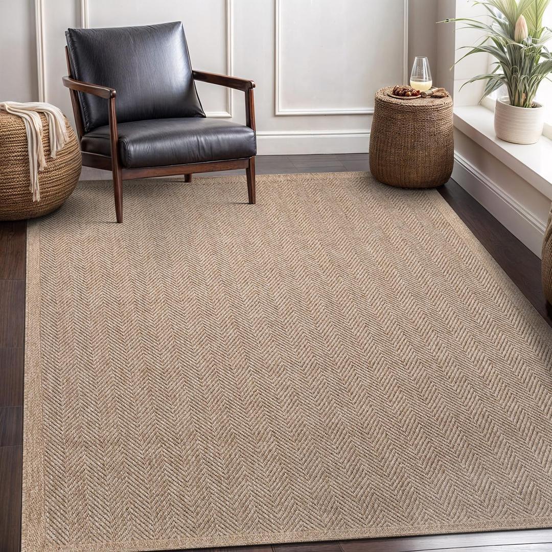 CAMILSON Easy Jute Rug 8x10, Indoor Outdoor Natural Color Fiber Area Rugs for Living Room and Patio Rug Herringbone Seagrass Boho Woven Design Easy-Cleaning Washable Outside Carpet Alfombras 8 x 10,  Herringbone/Natural