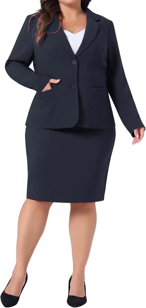 Agnes Orinda Women Plus Size Blazer and Skirt Suit Sets Business Casual | 2 Piece Notched Lapel Blazer and Pencil Skirt Outfits Suits Jacket Business Casual Office Professional 2X Navy Blue
