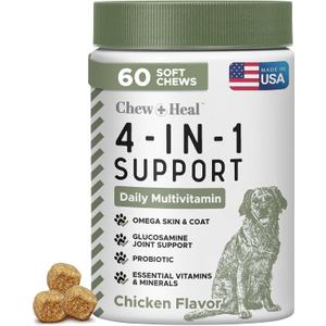 All in 1 Dog Vitamins and Supplements, 60 Soft Chew Multivitamins with Glucosamine, Probiotics, Omega Fish Oil -for Skin, Coat, Hip, Joint & Gut Health -Senior, Puppy, Large & Small Dogs