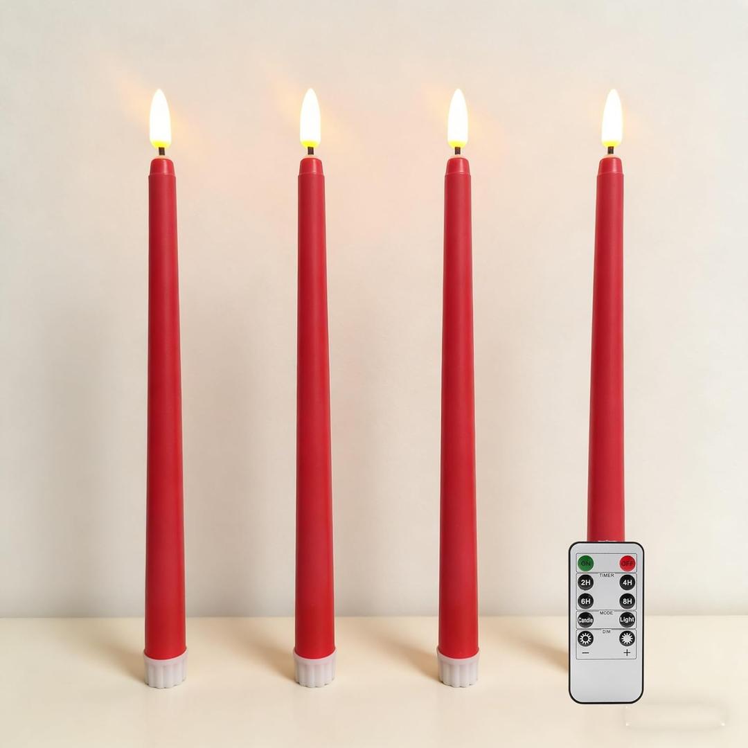 Ni-JASW Red Flameless Taper Candles with Remote, Battery Powered Valentines Day LED Candlesticks Flickering Set of 4