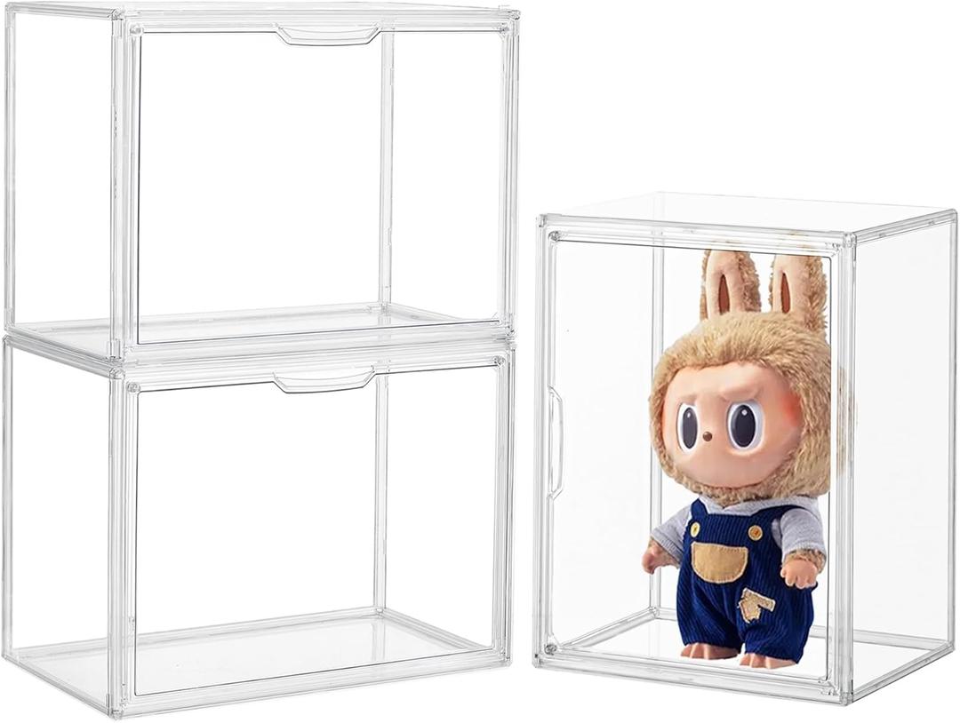 Acrylic Display Case 3 Pack Acrylic Box With Magnetic Door Clear Plastic Stackable Storage Bins With Lids Large , Figures Collectibles Display Bag Organizer
