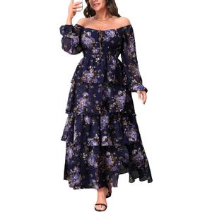 EYWOL Womens Plus Size Floral Tiered Ruffle Long Sleeve Evening Party Wedding Guest Dress, XXL