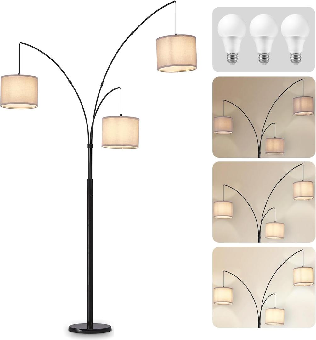 DLLT Modern Floor Lamp for Room: 3-Light Black Tree Dimmable Floor Lamps with Gray Shades for Living Room - Arc Standing Lamp for Bedroom - Tall Floor Lamp for Office Corner 3 LED Bulbs Included