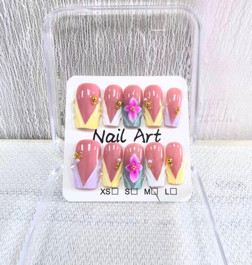 Medium Square Press on Nails Handmade Fake Nails Pink French Tip with 3D Flower Designs Pearl Charm luxury Glossy Cute Acrylic Nails for Women 10pcs (Size M）