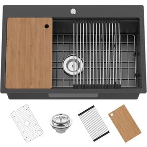 Black 31x20In Kitchen Sink Workstation-Stainless Steel Drop In Single Bowl Built-in Ledge Topmount Workstation Sink For Placing/Sliding Accessory-Cutting Board,Drying Rack,Convenient And Functional
