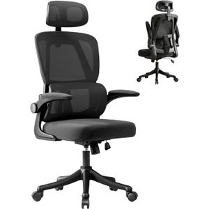 Ergonomic Office Chair with Dynamic Lumbar Support & Adjustable Headrest – High Back Desk Chair with 90° Flip-up Arms, Comfort Mesh Computer Chair for Home Office Long Hours Sitting, Black, 2 ft 2 in x 1 ft 10 in x 2 ft 0.4 in