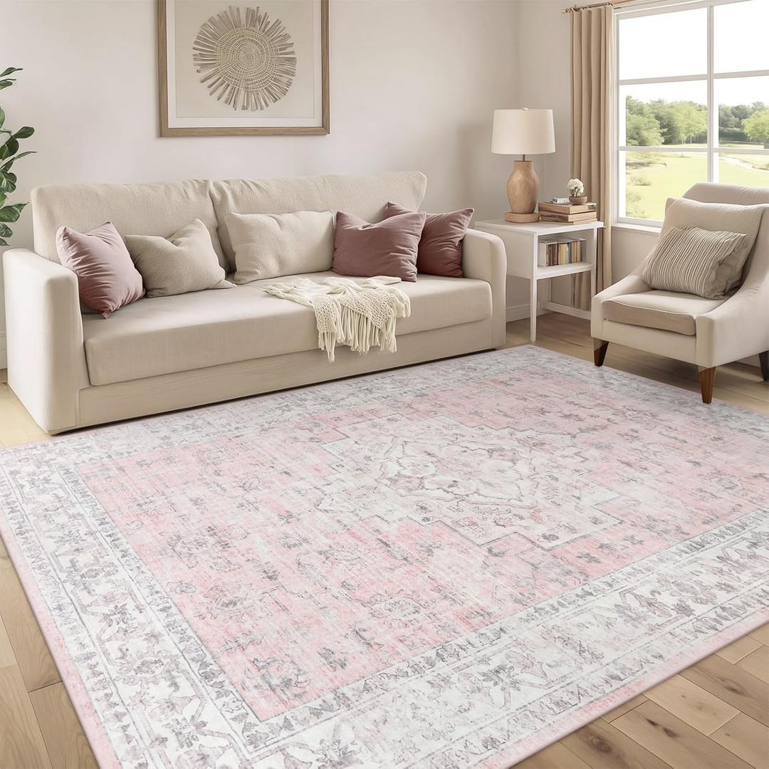 LIVEBOX Pink 8x10 Area Rug for Bedroom Girls, Boho Washable Rugs for Living Room Nursery, Non-Slip Indoor Soft Carpet Low-Pile Farmhouse Carpets for Dining Room Kids Playroom, Pink