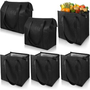 6 Pcs Insulated Grocery Bags  Reusable Thermal Shopping Totes with Zippered Top for Hot/Cold Food Delivery, Picnics & Groceries (Black)