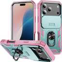 iPhone 17 Pro Max Case with All-Angle Rotating Kickstand & Sliding Camera Cover - Heavy Duty Shockproof Protective Cover, Green Pink