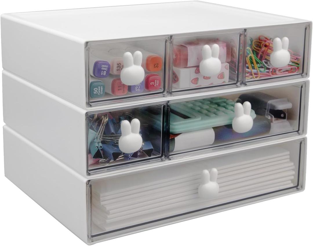 3 Packs Stackable Desk Organizer Drawers, Plastic Desktop Organizer Storage Drawers, Makeup Organizer Drawers with 6 Drawers and 9 Rabbit Handles for Home, School, Dressing Table (Small)