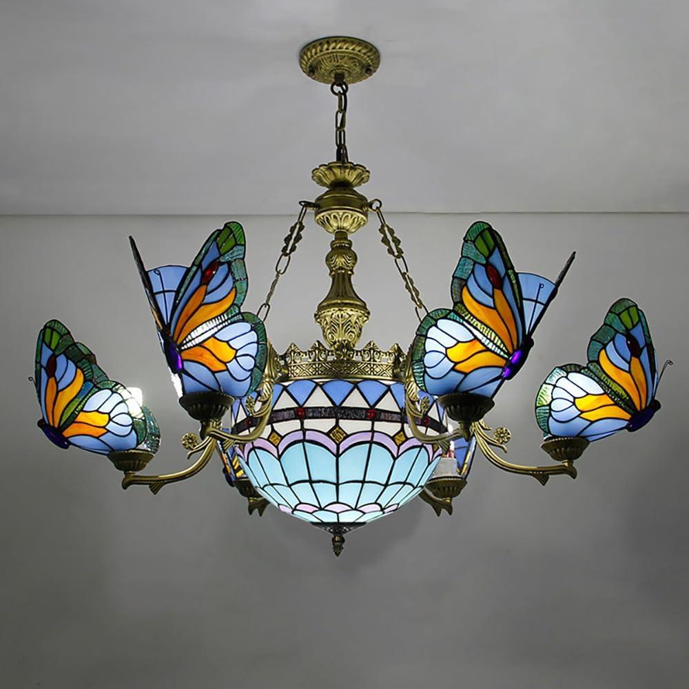 Aeyee Stained Glass Chandelier, Tiffany Style Hanging Light, Vintage Blue Butterfly Pendant Light Fixture for Living Room Dining Room (9 Lights)