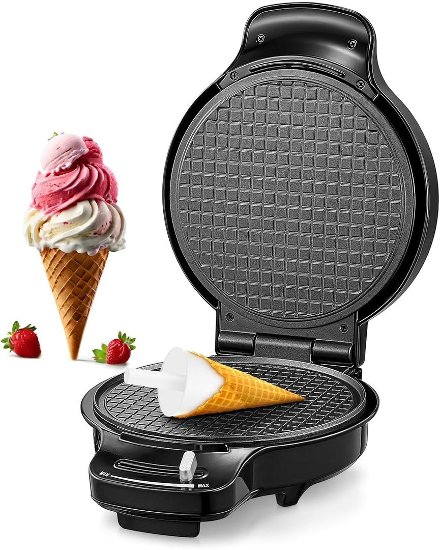 FOHERE Waffle Cone Maker Machine and Ice Cream Bowl Maker with Temperature Control, Double Side Nonstick Waffle Bowl Maker with Cone Roller, 7.5 Thin Waffle Maker for Home Kitchen (Black)
