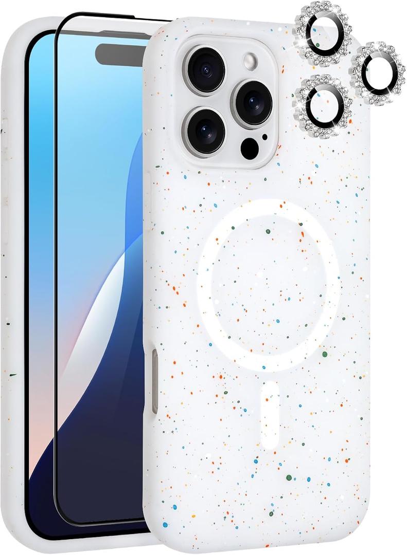 MZELQ for iPhone 16 Pro Case, Compatible with MagSafe, Shower Grey, Shockproof, Drop Proof, Ultra-Slim, Diamond Camera Protector, Screen Protector, Silicone Designed for iPhone 16 Pro Case
