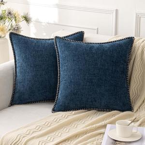 ANRODUO Pack of 2 Navy Blue Chenille Throw Pillow Covers 18x18 Inch Farmhouse Decorative Pillow Covers with Stitched Edge Soft Throw Pillows for Couch Sofa Bed and Living Room Boho Home Decor