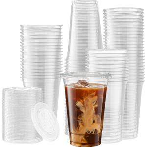 Crystal Clear PET Cups With Flat lids for Iced Coffee,Milkshake, Cold Drinks, Slush Cups, Smoothy's, Slurpee, Ice cream, Dessert, Party's, Plastic Disposable Cups (50, 20 oz)