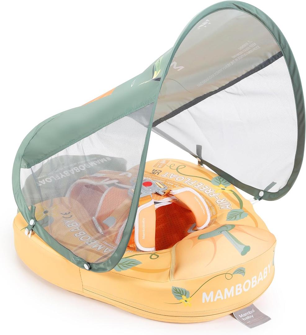 Mambobaby Float Add Tail Baby Swim Float with Canopy Solid Pool Infant Swim Trainer Swimming Training Lying Air Free Water Floats Non-Inflatable Waist Swim Ring for Toddlers (Pumpkins), Medium