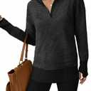 Saodimallsu Womens Quarter Zip Sweaters Striped Color Block Knit Sweatshirt Casual Trendy Pullover Tops with Thumb Hole Dark Grey (Gray)