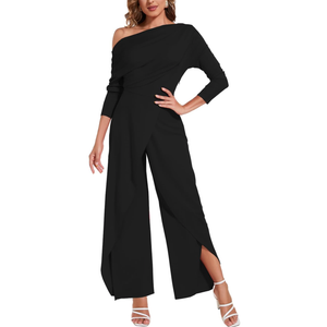 KnoInt Black Dressy Jumpsuits for Women Elegant Off The Shoulder Long Sleeve Jumpsuit Formal Wide Leg Pants Rompers with Zipper, Large