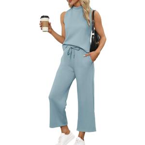 SAMPEEL Two Piece Sets for Women Summer Outfits Lounge Sets Mock Neck Tops Wide Leg Crop Pants Vacation Travel Outfits (Blue, S)