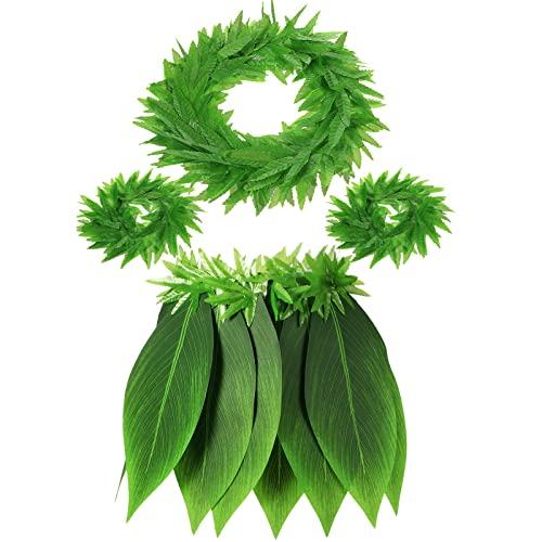 Skylety Hawaiian Leaf Hula Skirt and Leis Set Include Tropical Headband Fern Leaf Wristlet Green Grass Hula Skirt for Hawaiian Costume Halloween Luau Party Supplies for Adult Women