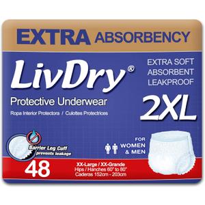 LivDry Adult XXL Incontinence Underwear, Extra Comfort Absorbency, Leak Protection, XX-Large, 48-Pack