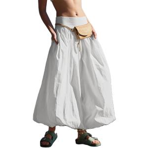 Y2K Bubble Maxi Skirts for Women A Line Long Pleated Casual Summer Skirts 2024 Elastic Waist Balloon Midi Skirt (Medium, White)