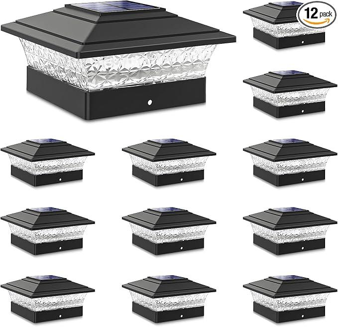 Solar Post Cap Lights Outdoor 12pack, Waterproof Fence Post Lights with 16 Ultra Bright LEDs Fit 4x4/5x5/6x6 Wood/Vinyl Posts, White Deck Post Lights with Warm/Cool White for Garden Patio Porch Yard