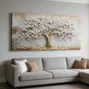Large Tree of Life Canvas Wall Art Gold and White Flower Big Tree Painting Picture Wall Decor Botanical Floral Poster Print Artwork for Living Room Dining Bedroom, 40"L x 20"W