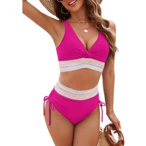 Edelqual Women High Waisted Bikini Sets Tummy Control Swimsuits Two Piece Bathing Swim Suits Summer Beach Swimwear (Large, Rose Red)